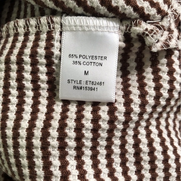 Coverstitched Medium Brown White Striped Lace-Up Women's Top L/S Tie Front - Picture 5 of 5